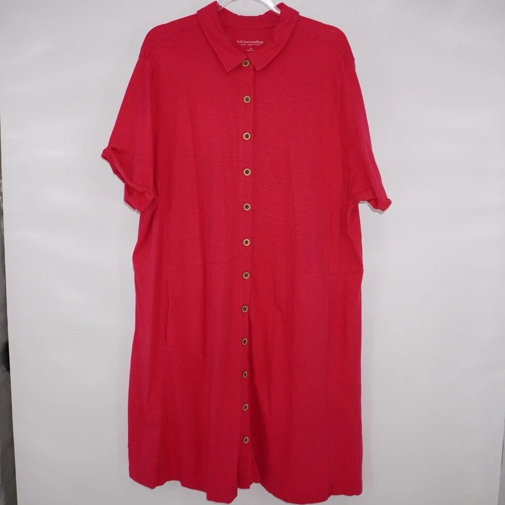 Soft Surroundings Womens 3X Button Down Hot Pink Dress‎ Short Sleeve Lagenlook
